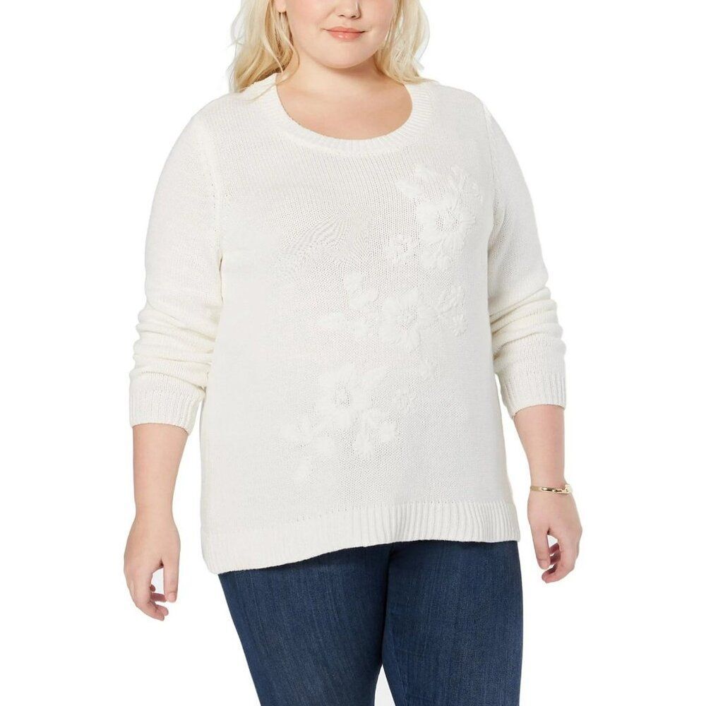 Style & Co. Womens Plus Embroidered Three-Quarter Sleeves Pullover Sweater